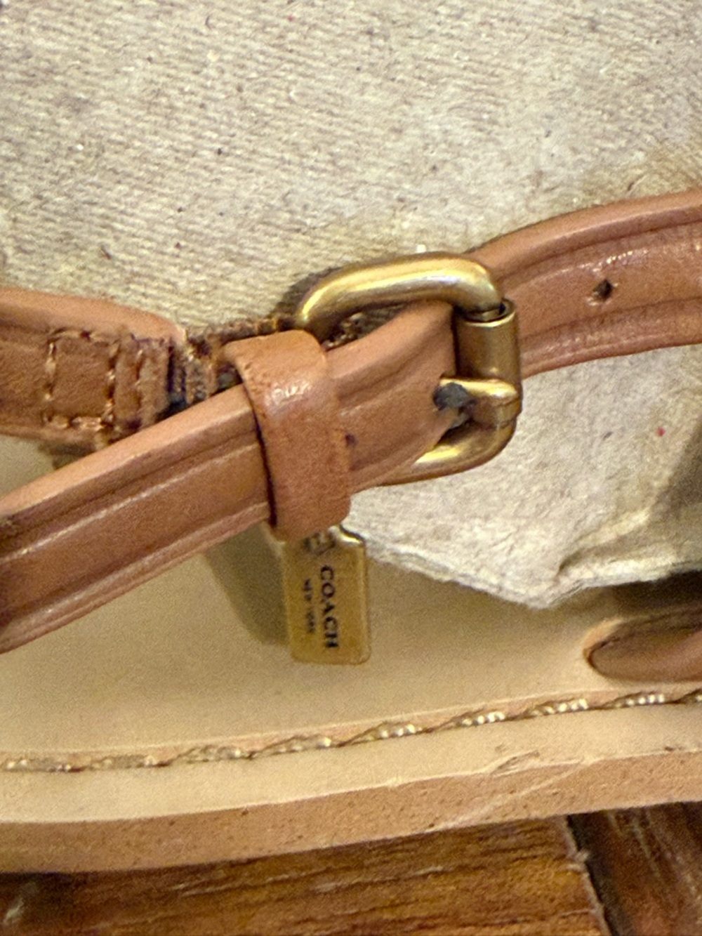 Coach Women’s Candace Tan Leather T-Strap Sandals with Gold Accent - Picture 4 of 9